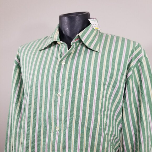 New 7 For All Mankind Pink Green Striped Crinkle Cotton Button Down Preppy XL - Picture 3 of 14